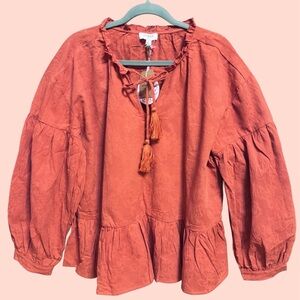 Umgee NWT Gorgeous Terracotta Peasant Blouse Size Large